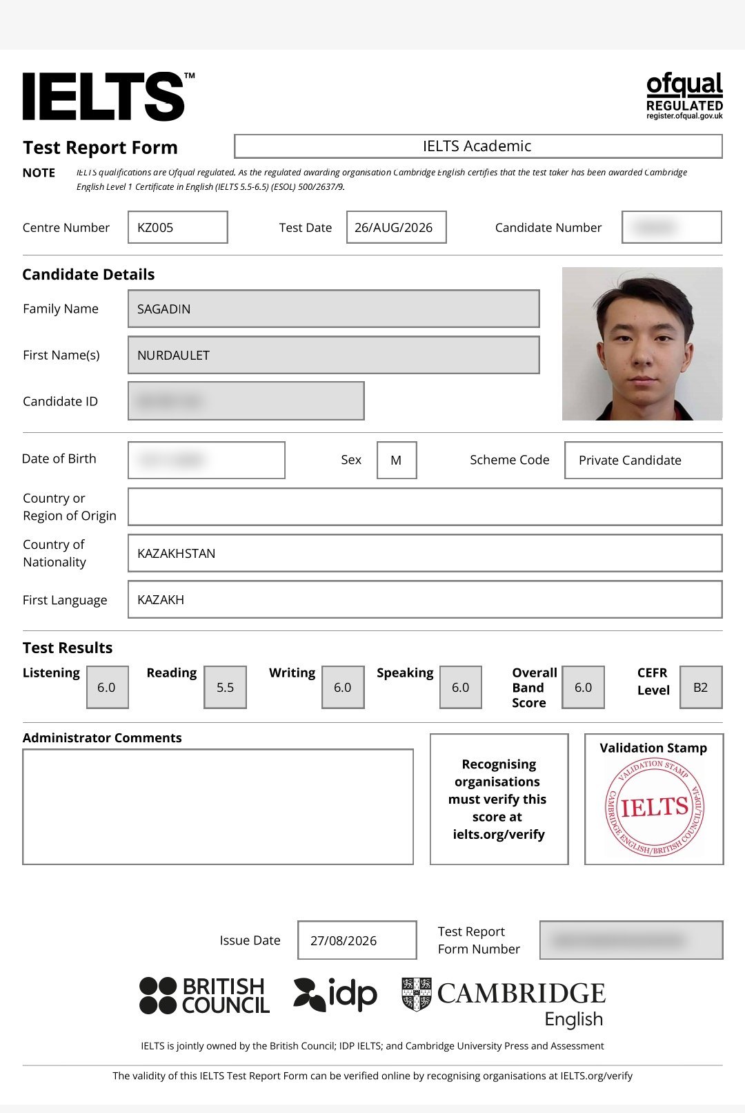 Сертификат IELTS Нурдаулета: Overall 6.0